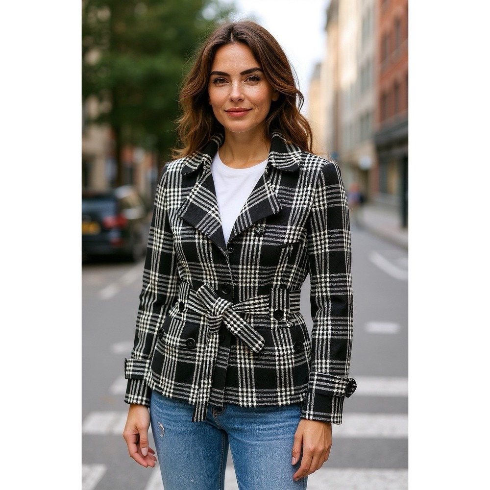 Nine West Womens Black & White Plaid Houndstooth Jacket Button Tie Size 8